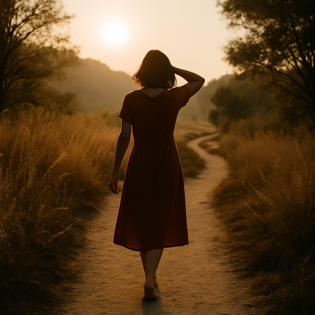 Frau von hinten auf geschwungenem Feldweg, Blick nach vorn – Sinnbild für Veränderung.