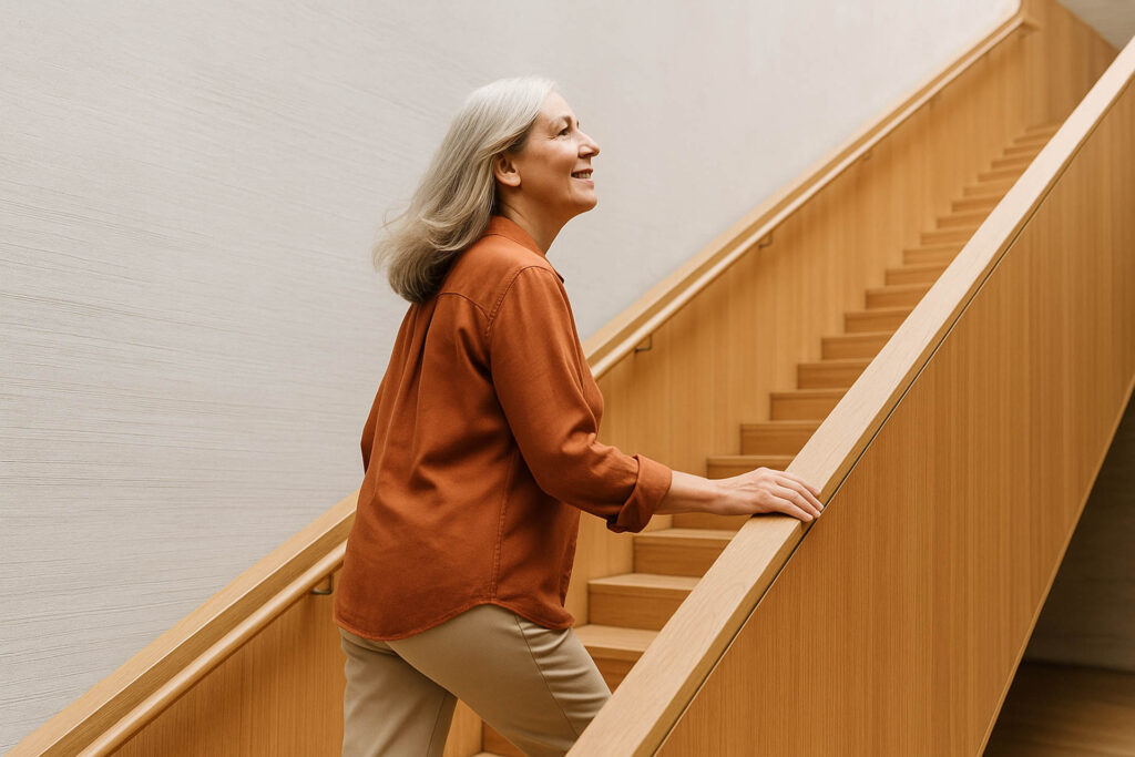 Frau geht eine Treppe hinauf – Lebensbegleitung für Frauen als Weg zu Stabilität und neuer Zuversicht.
